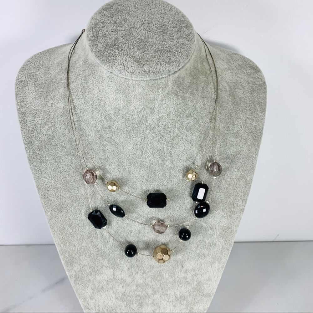 Silver Multichain Acrylic Beaded Necklace Black